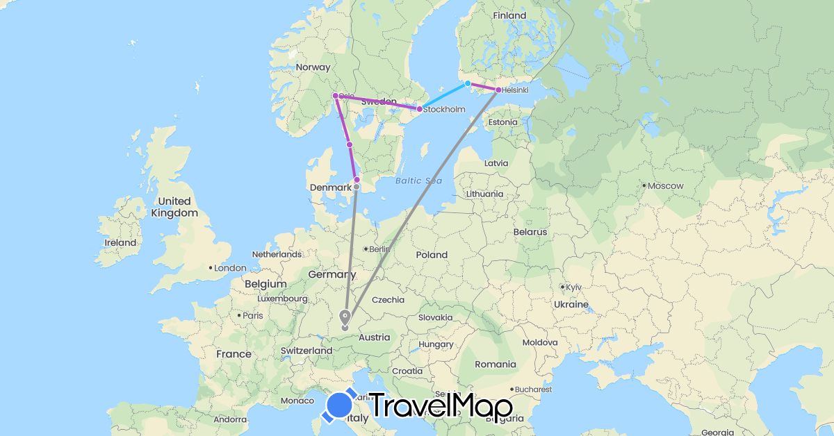 TravelMap itinerary: plane, train, boat in Germany, Denmark, Finland, Norway, Sweden (Europe)